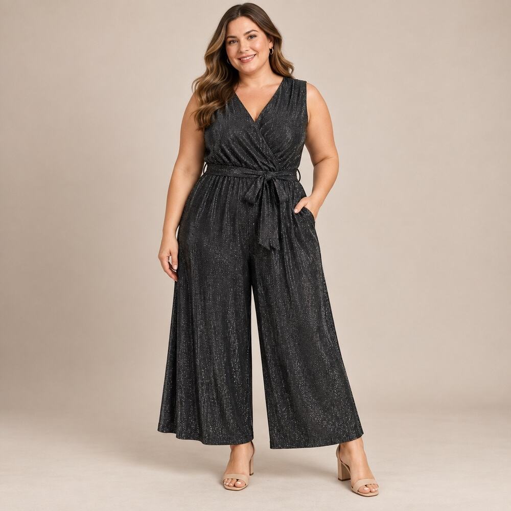 Lane Bryant Jumpsuit Womens Plus 18/20 Black V-Neck Silver Striped Metallic NWT